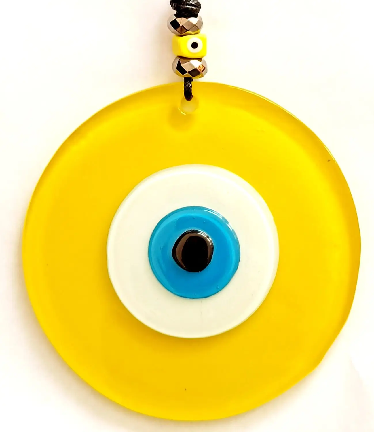 Leather String, Evil Eye Bead, Yellow Glass Wall Ornament