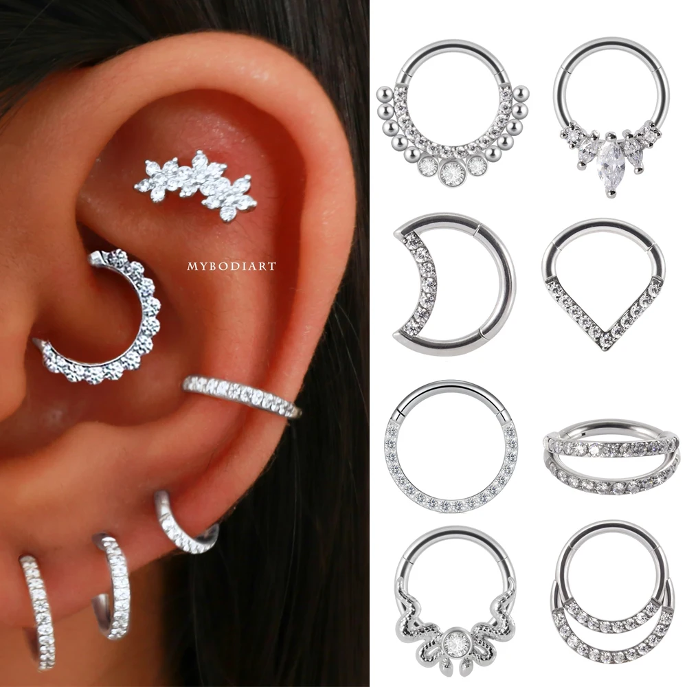 1PC 361L stal chirurgiczna przegroda Clicker cyrkon zawiasowy Hoop kolczyk w nosie Tragus chrząstka Daith Piercing Helix Rook kolczyk biżuteria