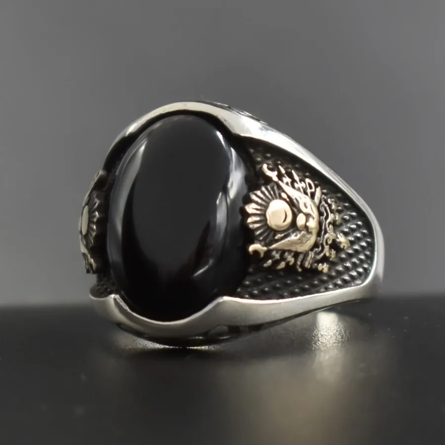 Silver Men Oval Black Onyx Stone Ottoman Ring for Men 925 Sterling Silver Collocation Fashion Vintage Antique Jewelry Gift