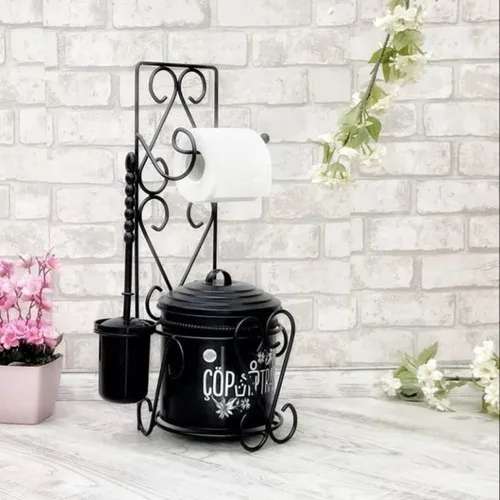 Toilet Paper Rack Toilet Brush And Garbage Bucket Set-Black