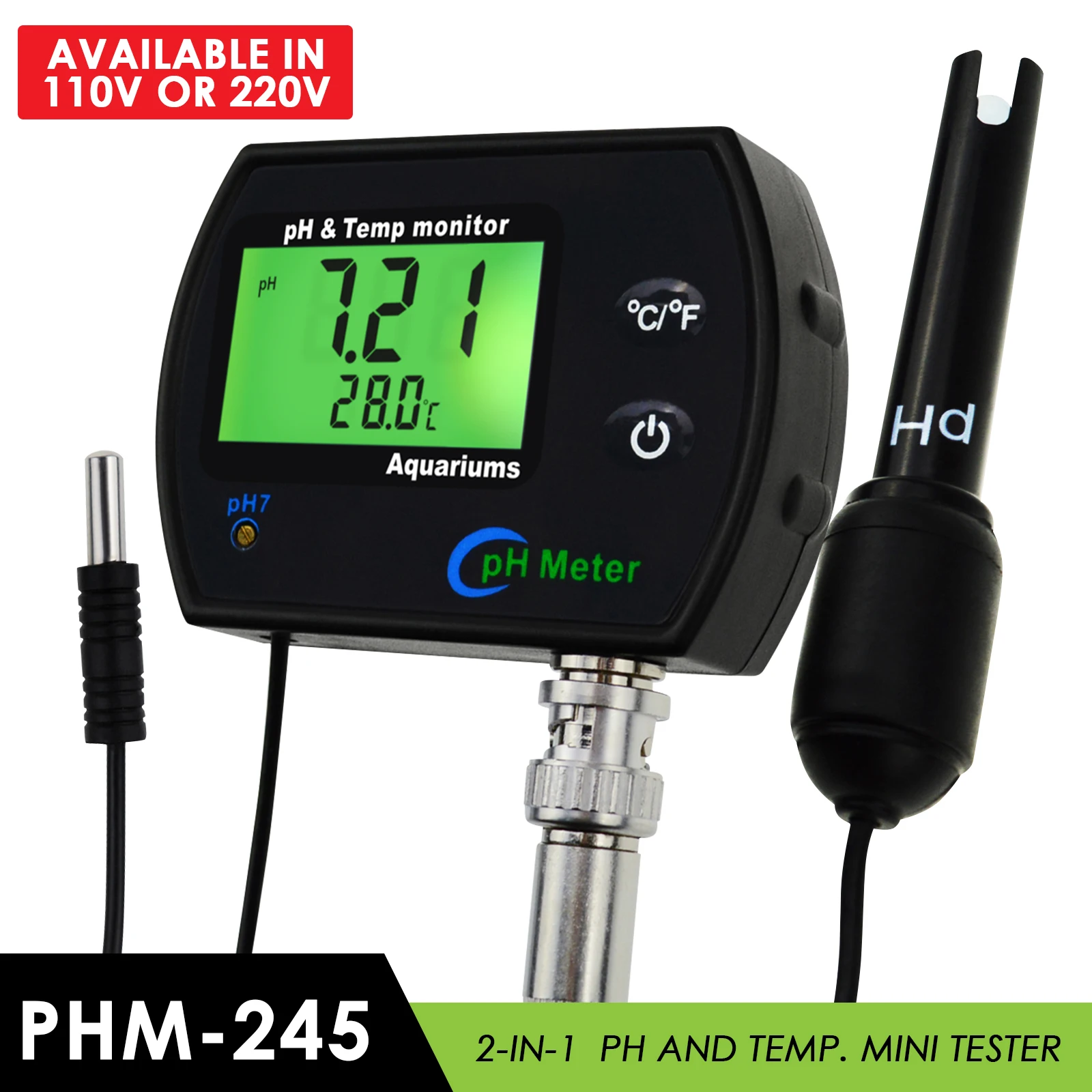 2-in-1 Combo PH & Temperature Water Quality Meter Tester w/ Replaceable Electrode Dual Display for Aquariums Hydroponics Lab