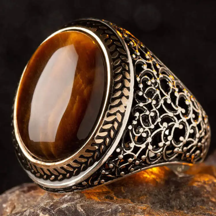 

Oval Brown Tiger Eye Stone Symmetric Pattern Silver Men's Ring Fashion Turkish Premium Quality Handmade Jawelery