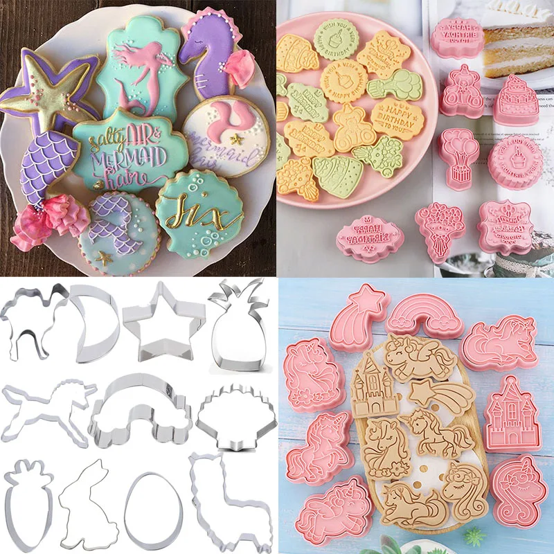 Baking Cookies Cutter Mold Stamp Unicorn Animal 3D Biscuits Mold Plastic Baking Cookie Stamp Bakeware Tool for Birthday Party