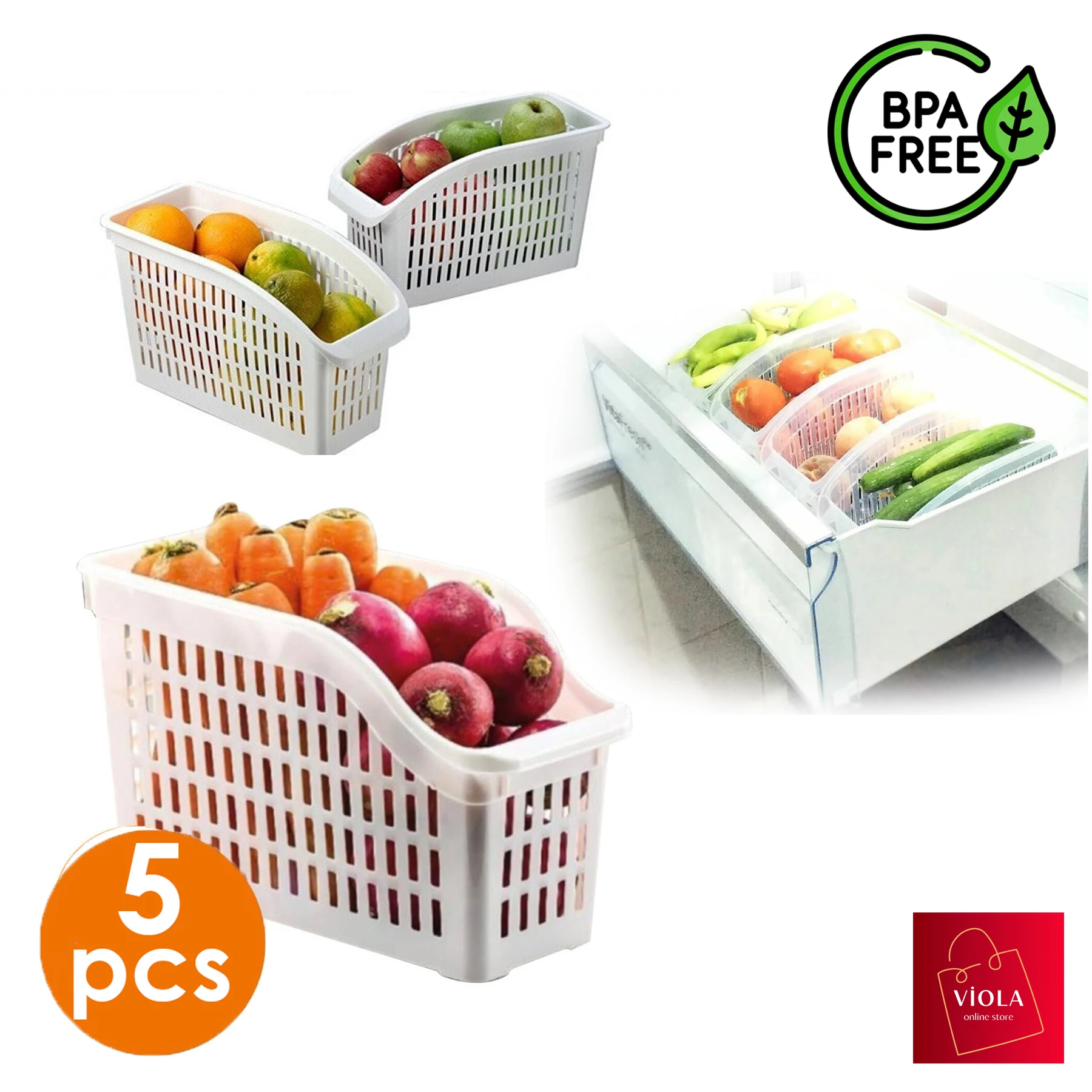 5 Pieces Refrigerator Vegetable Fruit Box Organizer Shelf Kitchen Accessory Practical Organizer White Decor Storage