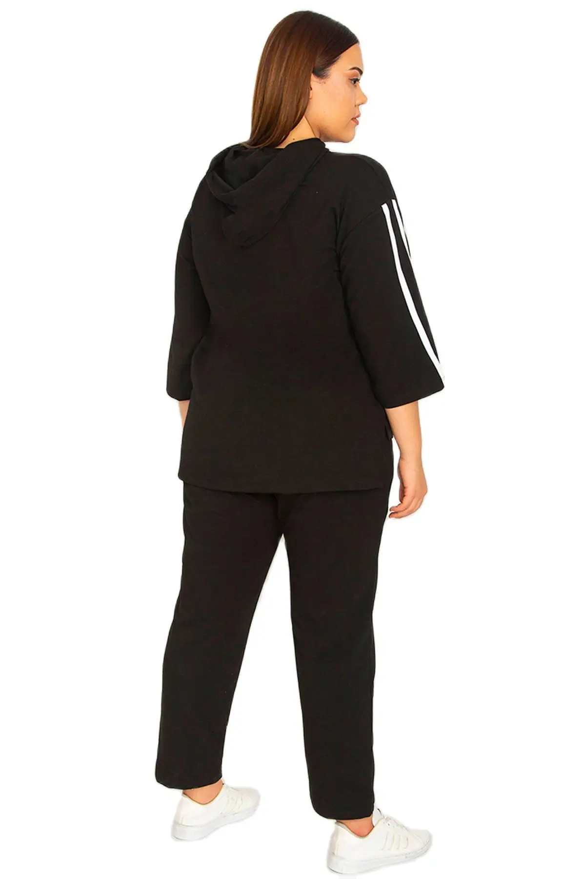 Vrouwen Plus Size Zwart Sweatsuit Set 2 Stuk Dubbele Gestreepte Detail Rits Trainingspak, ontworpen En Gemaakt In Turkije, Nieuwe Collectie