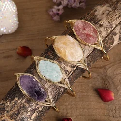 Gold Copper Wire Wrap Black Tourmaline Rose Amethysts Quartz Cuff Couple Bangle Bracelet Women Fashion Bracelet Jewelry Gift