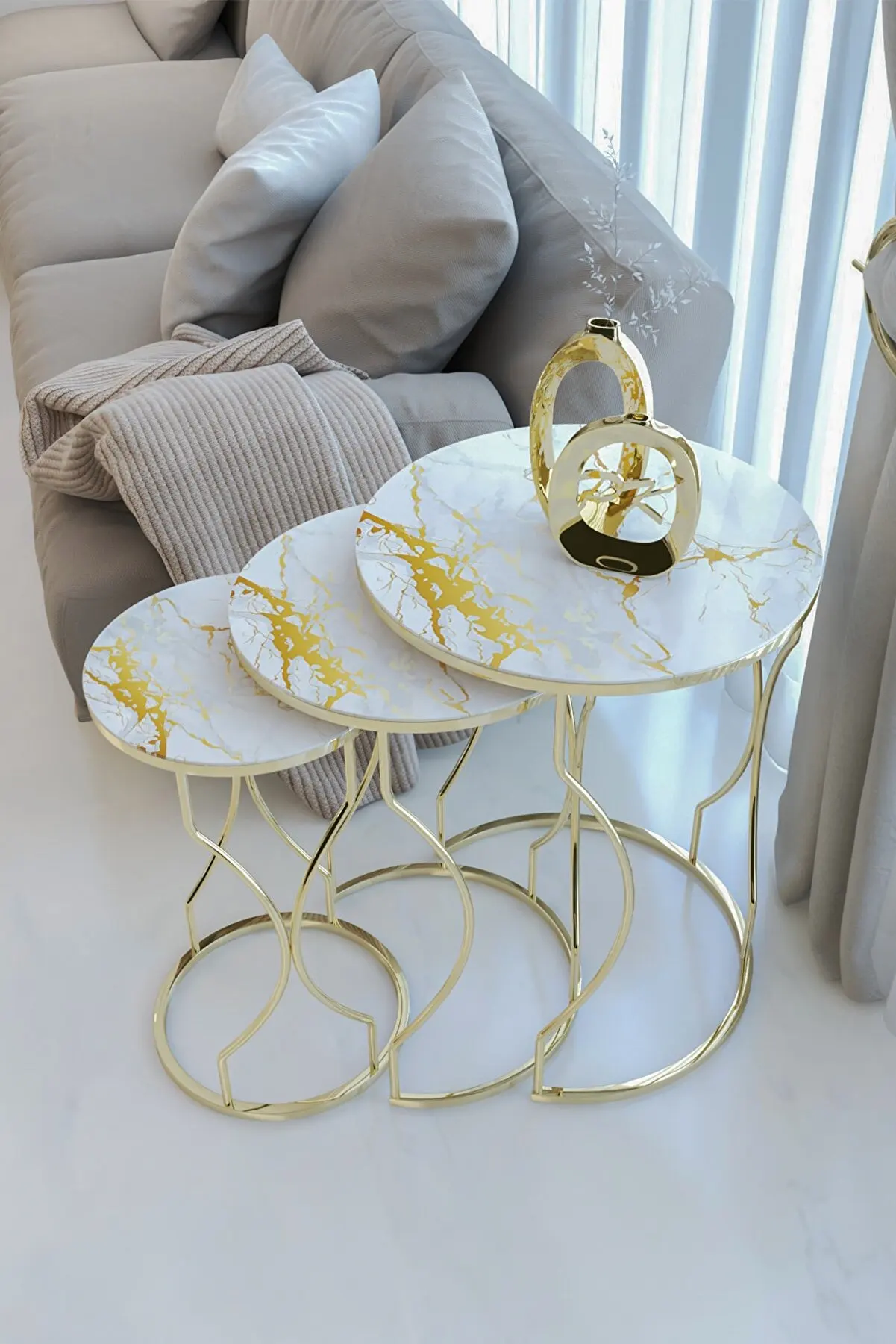 Nesting Table 3 Pieces Gold Marble Gold Leg Decorative Living Room Kitchen Home Furniture Coffee Table Decor Accessory Modern