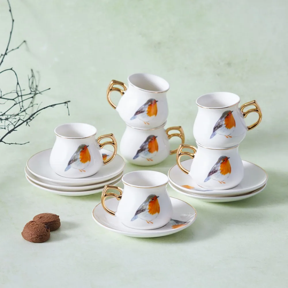 Turkish Porcelain Bird Figured Greek Arabic Coffee Espresso Cup and Saucer Set of 6, Luxury Coffee Set