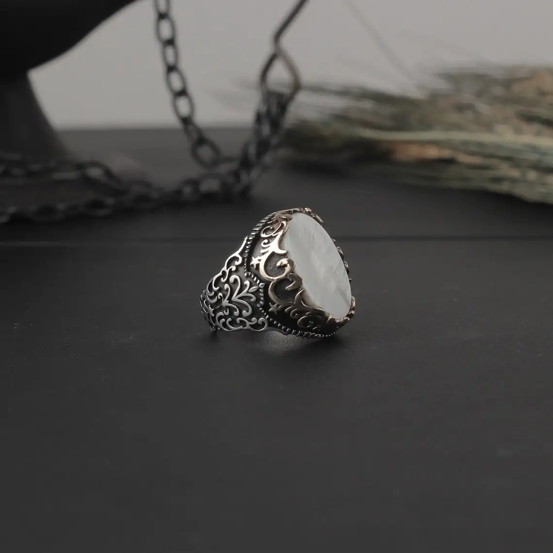 

925 Sterling Silver Handmade Engraved Mens Ring Pearl GemStone Men Silver Ring