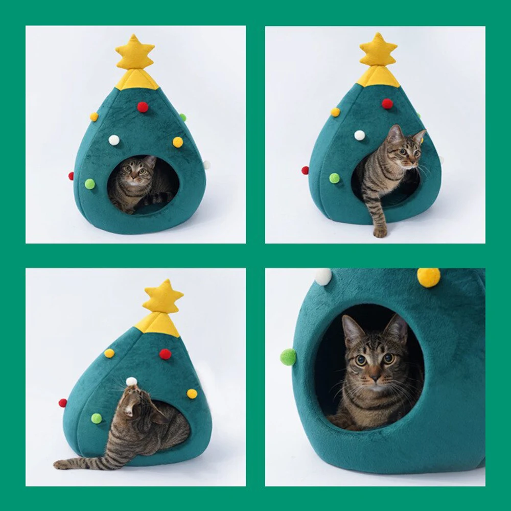 Christmas Pine Cat Bed Cave Cat House Small Dog Bed Merry Xmas Gift Noel / New Year Pet Gift