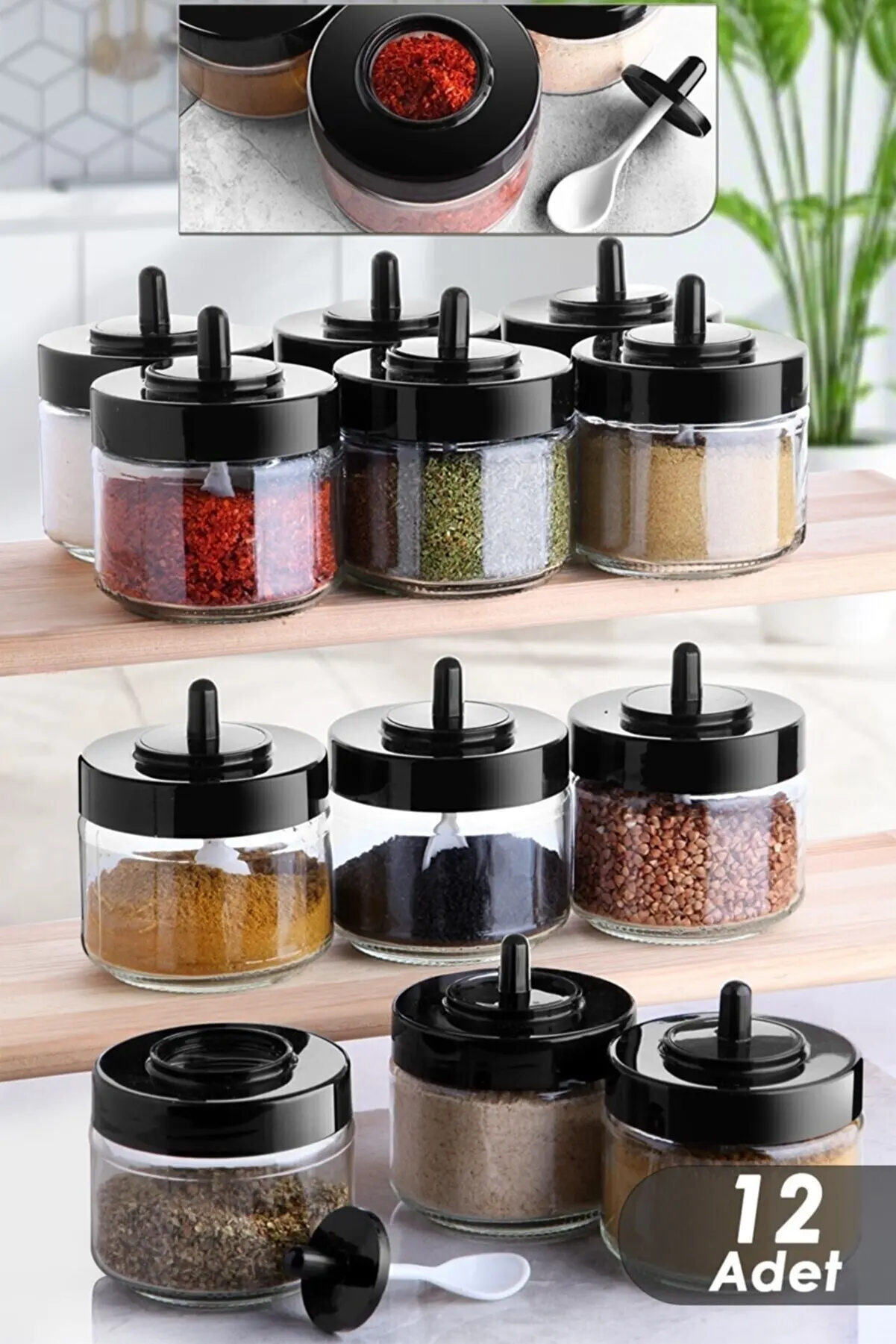 12 Pieces New Generation Spice Set with Lid Self Spoon 300 ml Kitchen Storage Lid Glass Airtight Canister Bottles Jar food Seal