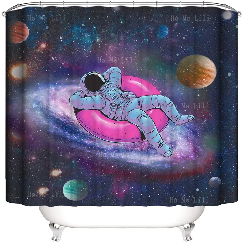 Outer Space Funny Spaceman Galaxy Planet Star River Cat Astronaut Takes Photos With American Flag Shower Curtains