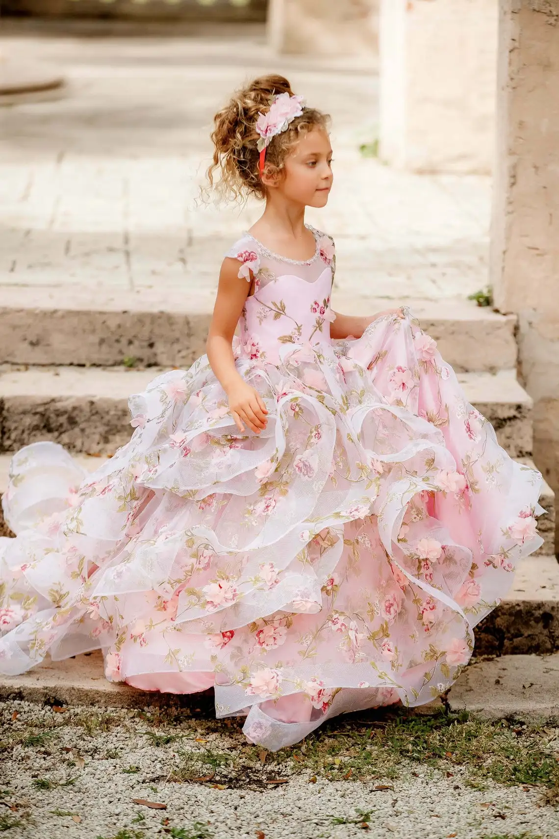 Rosa 3d floral vestidos da menina de flor para o casamento frisado apliques babados da criança meninas pageant vestido crianças formal wear vestidos de baile