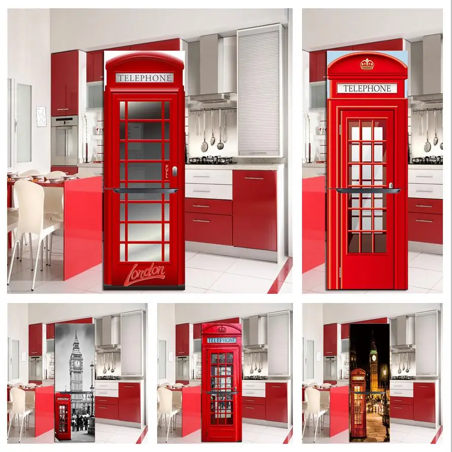 Red Telephone Booth 3D Wallpaper For Fridge Adhesive Waterproof Wall Sticker Kitchen Refrigerator Door Decal Poster Custom Mural