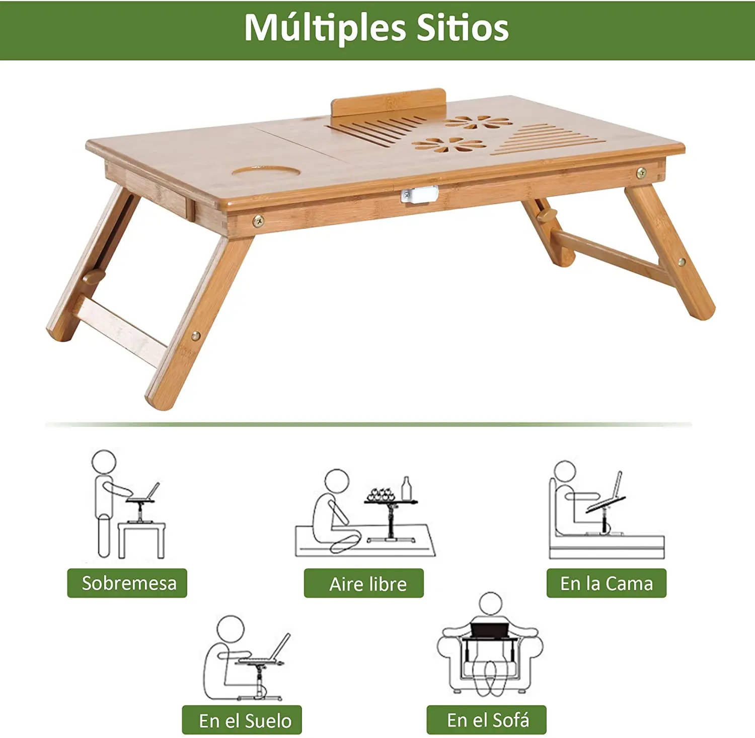 Max Star Portable computer table Bambu 100% Ecologica Natural folding Breakfast bed tray height and tilt folding desk tables one drawer