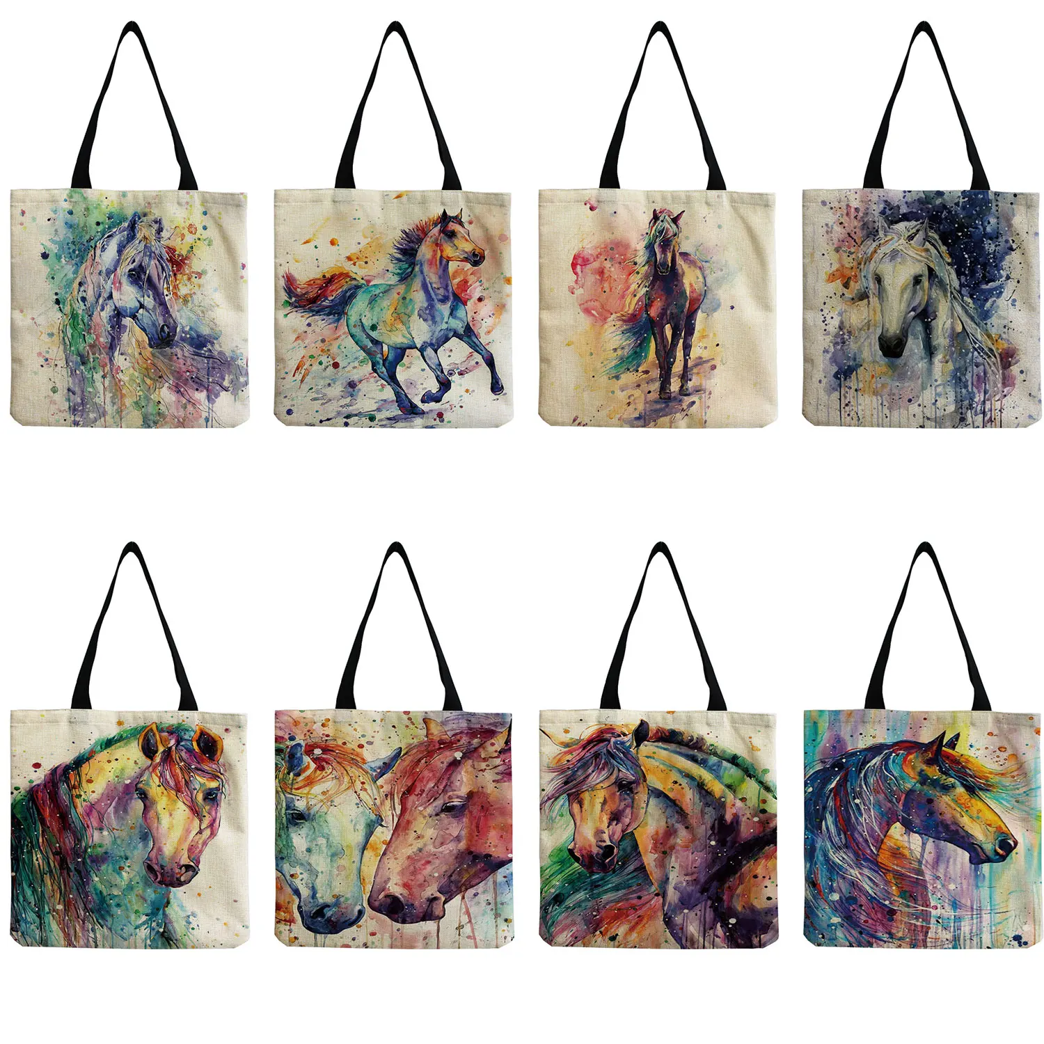 Watercolor Horse Printing Shopping Bag Tote Folding Reusable Traveling School Shoulder Bags Casual Handbags For Women 2022 New