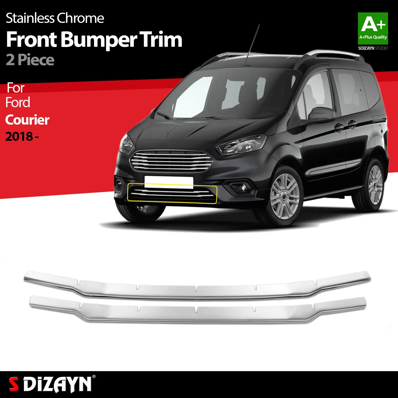 S Dizayn For Ford Courier Chrome Front Bumper Trim Stainless Steel 2 Pc Exterior Car Accessories Parts Auto Products Stickers