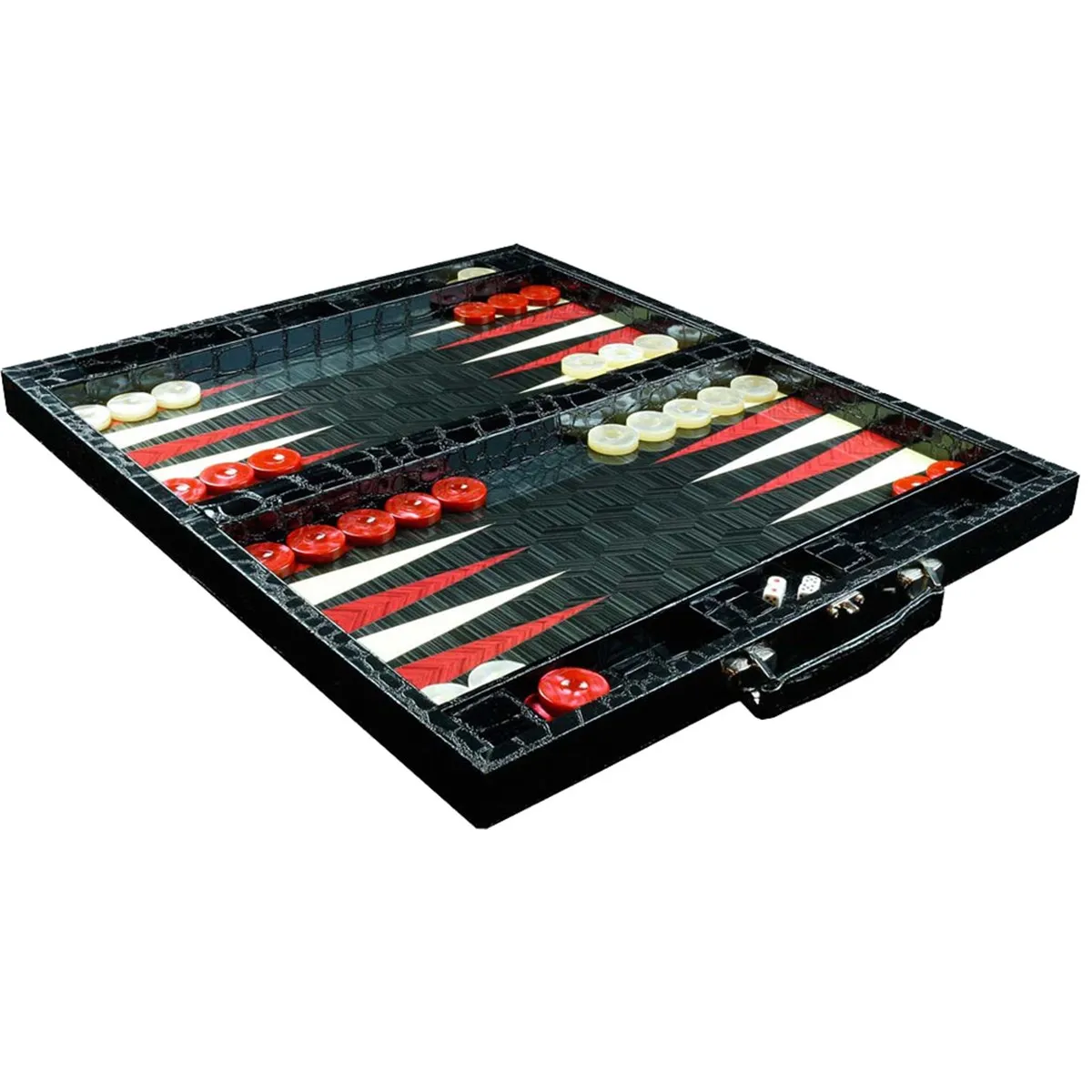 Leather Bag Backgammon Black Crocodile Large Ottoman Solid Wood Table Game Dimensions: 48.0 x 28.5 x 6.5 cm