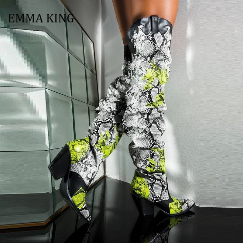 

2021 New Women Faux Leather Over The Knee High Boots CowGirl Chunky Heel Slouch Long Boots Shoes Ladies Botines Mujer Botas