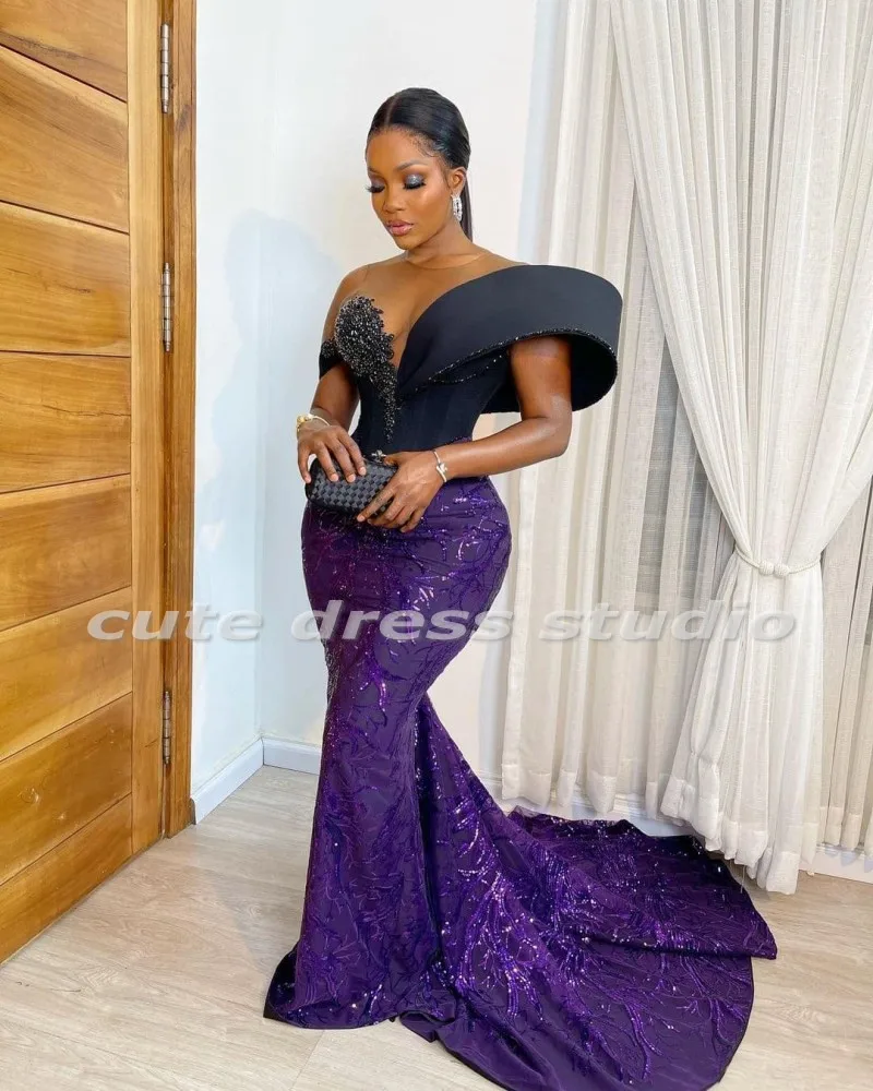 Elegant Black และสีม่วงชุดราตรี Sheer คอเลื่อม Applique Beading Aso Ebi Mermaid Prom Gowns งานแต่งงาน2022สวมใส่