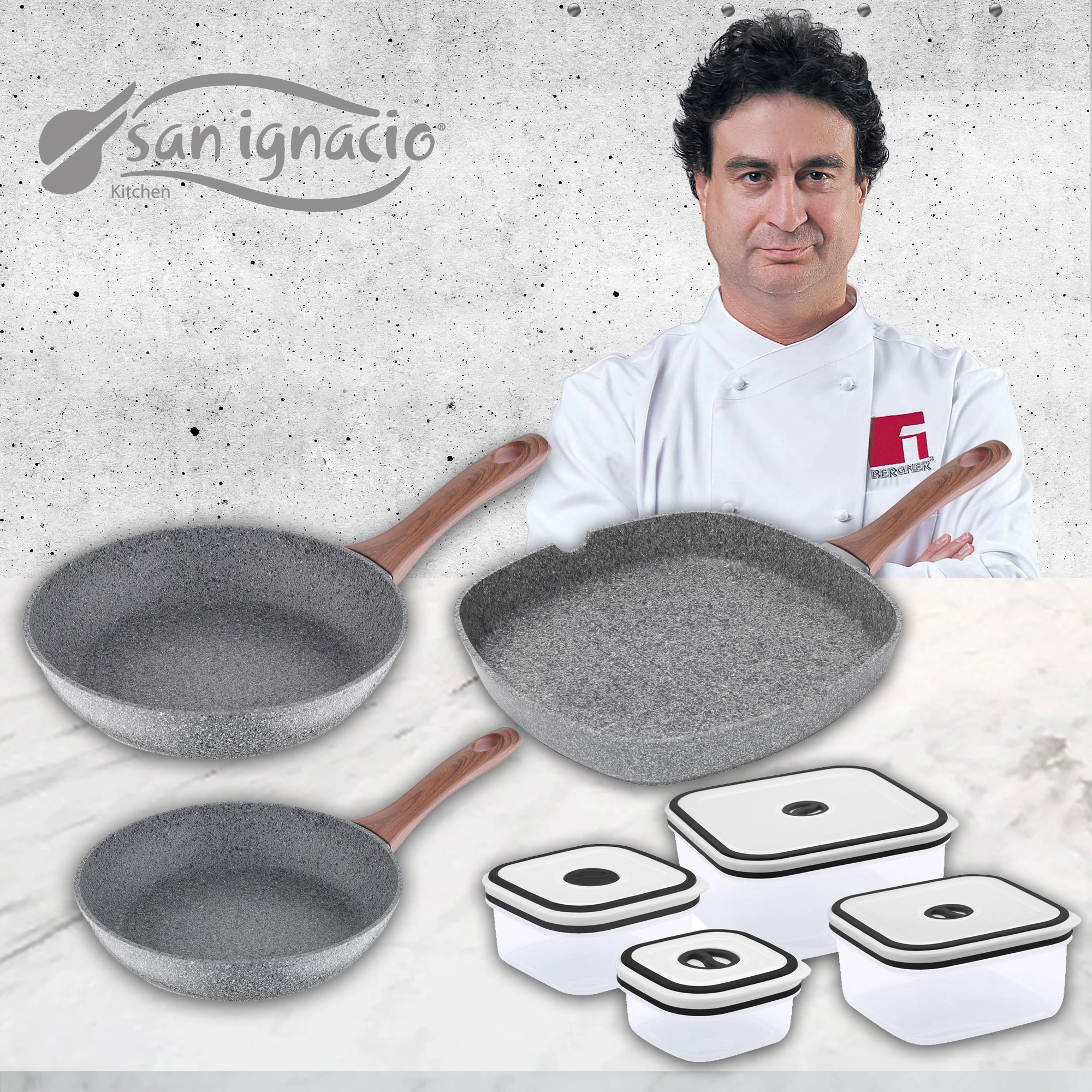 Set of granite pans (20,26,28cm) in aluminium with 4 SAN IGNACIO fiambreras