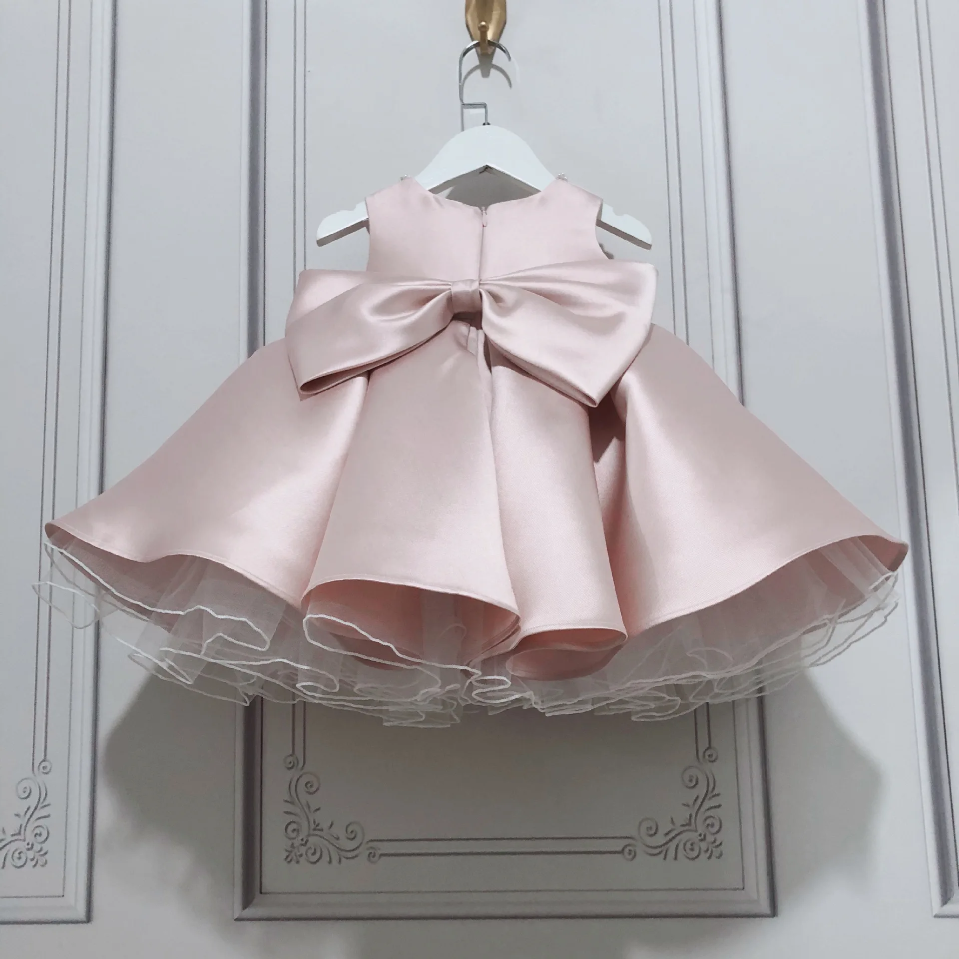 Vestido de princesa de satén para niñas pequeñas, traje de baile de fiesta de cumpleaños y graduación, con perlas y lazo de talla de 6 meses a 9 años, novedad de 2021