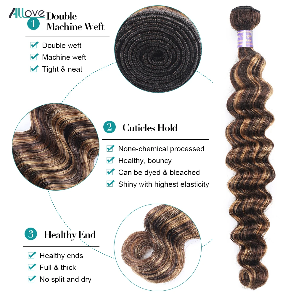 Allove Highlight Loose Deep Wave Bundles Brazilian Human Hair Bundles 4/27 Honey Blonde Brown Colored Remy Human Hair Extensions