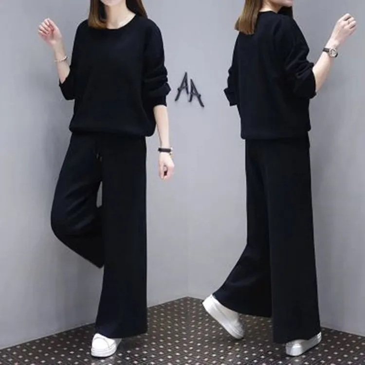 black Round neck Two Piece Set Tracksuit Women High Waist Wide Leg Pants Women Suit 2 Piece Set Women 2022 Jogging suit Running