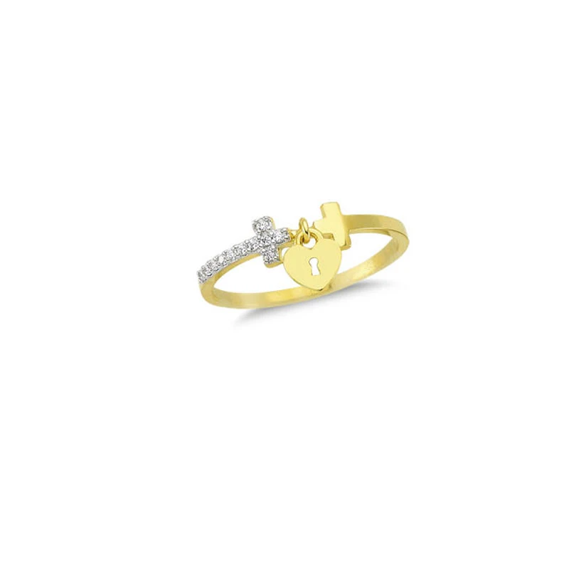 14K Solid Gold Cross and Heart Desing Ring for Women