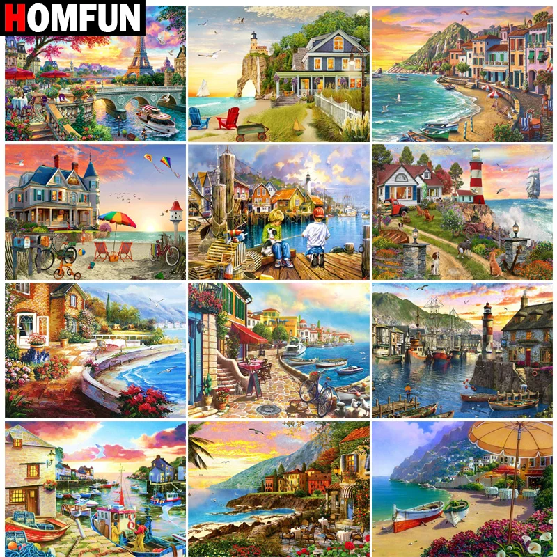 

HOMFUN Diamond Painting "The Scenery House" Cross Stitch Custom Photo Diamond Embroidery Square Round Drill Home Decor
