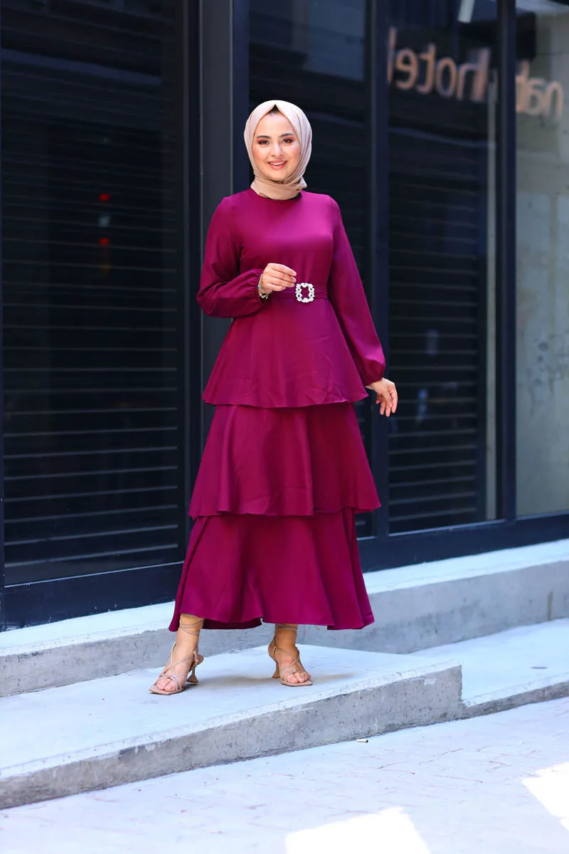 Muslim Layered Gathered Detailed Dress Muslim Sets Woman Long Dress Hijab Abayas Women Islamic European Clothing Robe