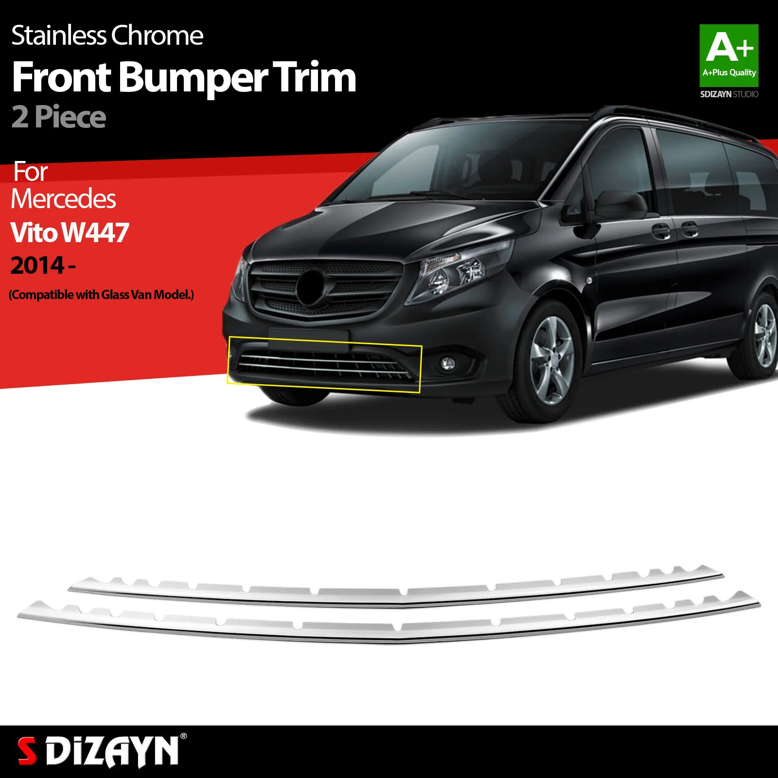 S Dizayn For Mercedes Vito W447 Chrome Front Bumper Trim Stainless Steel 2 Pcs Exterior Car Accessories Parts Auto Product