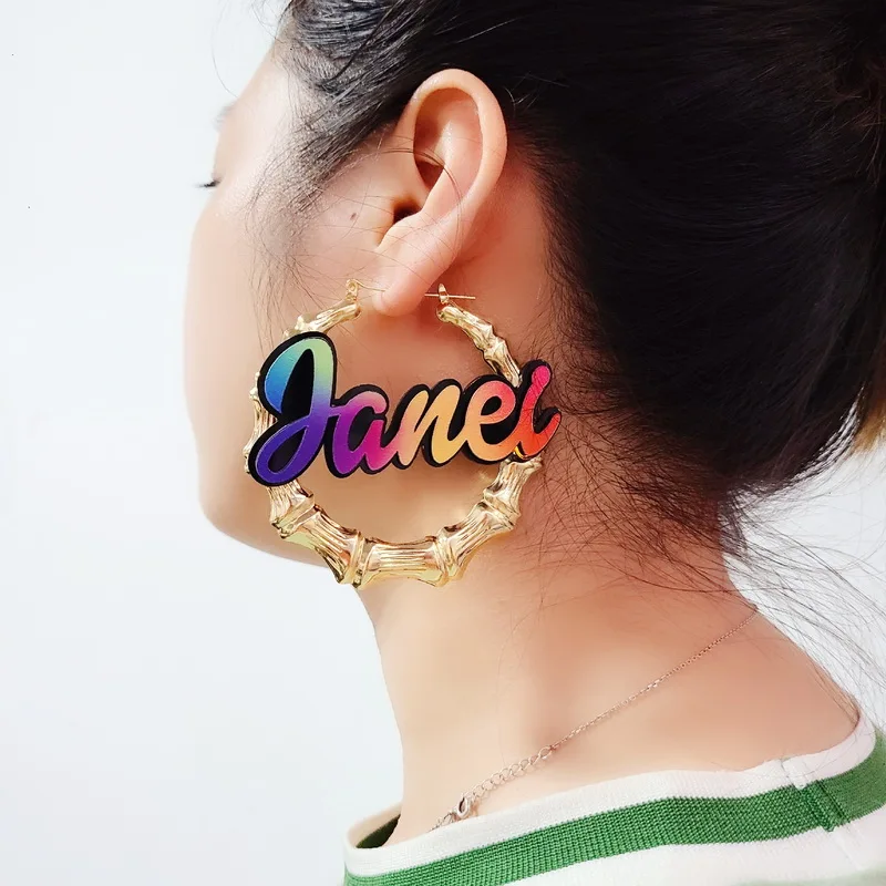 Rainbow Color Name Customizable Earring Dangle Bamboo Earring