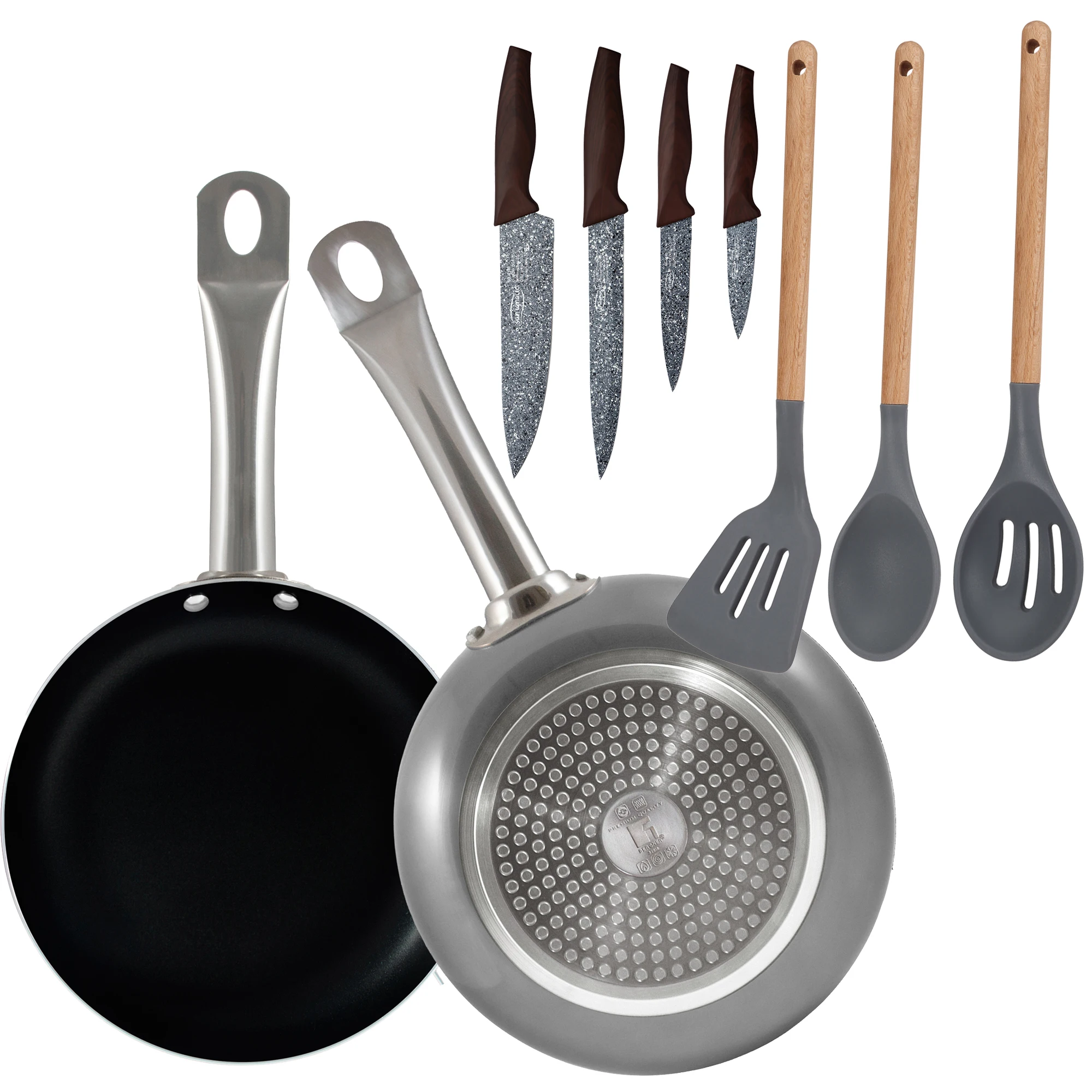 SAN IGNACIO set of 2 pans (20,24 cm) in pressed aluminum, 3 silicone utensils and 4 stainless steel knives