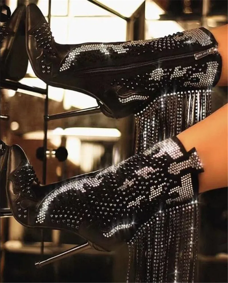 حذاء برقبة نسائي بشراشيب كريستالي ، حذاء بمقدمة قوطية مدببة ، كعب عالي معدني ، أسود منزلق ، موضة السيدات ، الشتاء ، #3