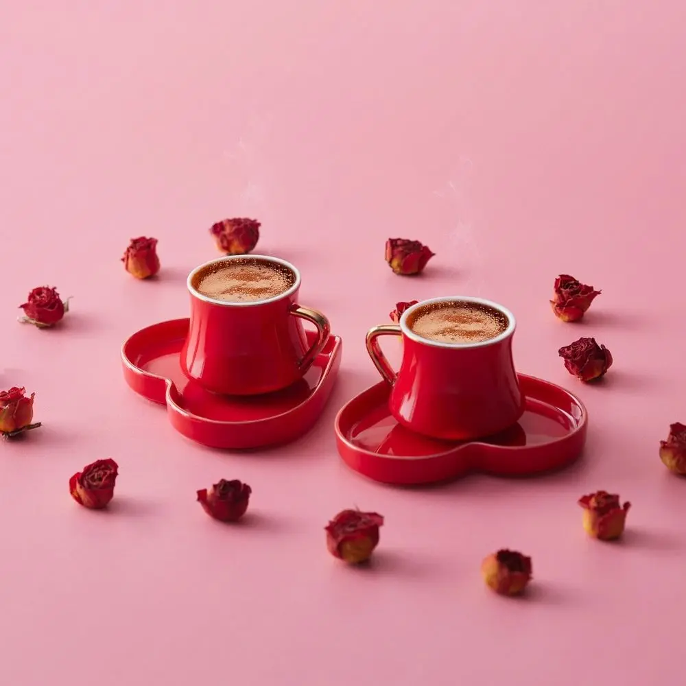 Valentine's Day 2 Person 4 Pieces Coffee Cup Set Red-White Tea and Coffee Set Lux Cup and Saucer Coffee Accessories Kitchen Gift