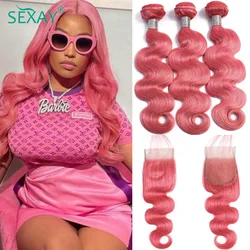 Rose Pink Bundles With Closure Sexay Brazilian Body Wave Human Hair Weave and Lace Closures Baby Hair Solid Pink Human Hair Pack