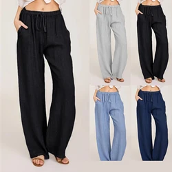 NEW Summer Oversized Wide Leg Pants Women Vintage Cotton Linen Palazzo Fashion Long Trousers Casual Elastic Waist Solid Pantalon