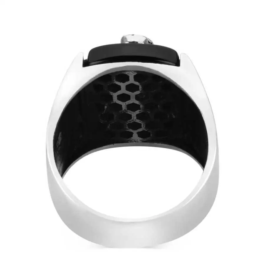 Anchor Figured Silver Men's Ring on Black Stone Fashion Turkish Premium Quality Handmade Jawelery