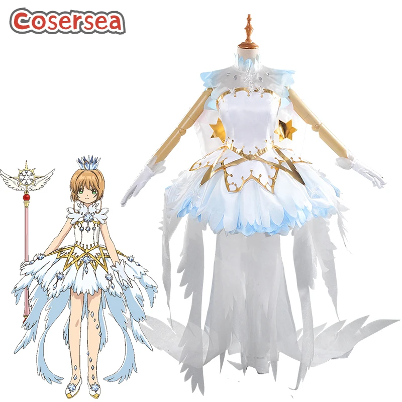 Cosersea Anime Cardcaptor Clear Card Sakura Sakura Kinomoto Cosplay Costume Ice Angel White Formal Dress With Crystal Crown