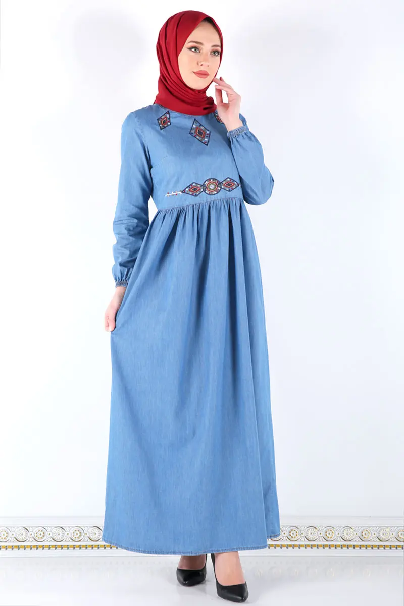 Fronting Embroidered Jeans Dress TSD5378 Outdoor Denim Dress Dark Hole Button Arched Handle Denim dress Dark Blue muslim long Dress for women