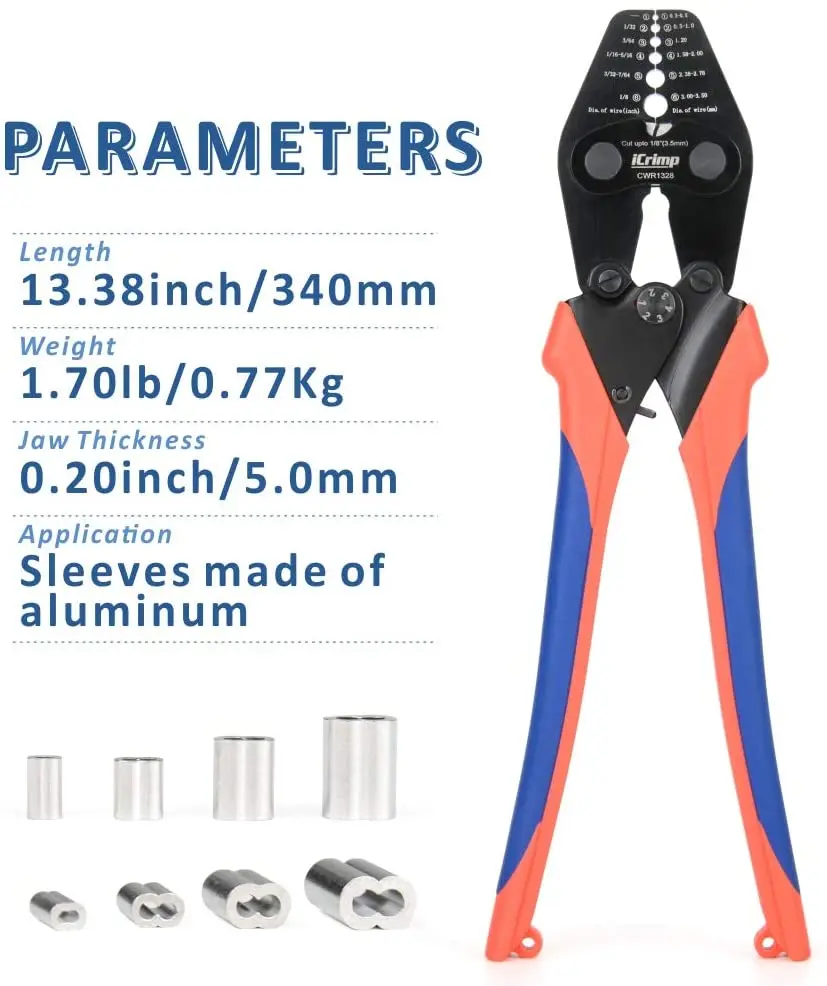 IWISS – outil de sertissage de câbles métalliques CWR1328, avec fonction de coupe pour rambarde à câbles, manchons ovales en aluminium de 1/32 ~ 1/8 pouces