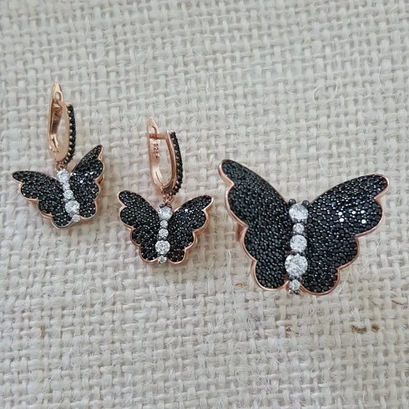 Silver Set 925 Silver Black Butterfly Ring Earing Necklace Set