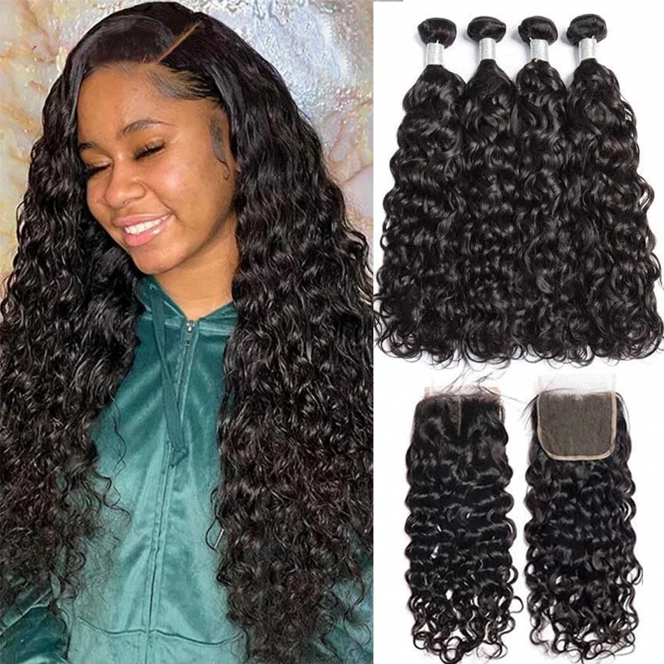 12A Malaysian Water Wave Bundles With Closure 100% Unprocessed Virgin Human Hair Deep Curly Ocean Wave Weave Hair Extensions