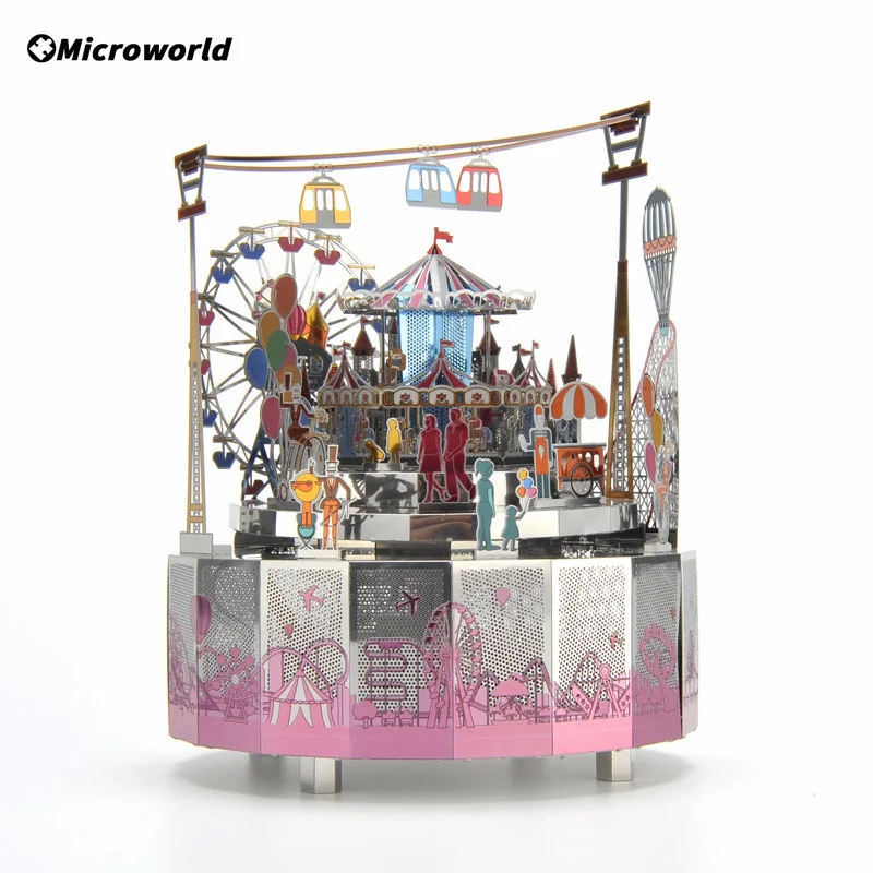 3D Metal Colorful Puzzle Toy Amusement Park Rotating Music Box Model Kits DIY Jigsaw Desktop Decoration Gifts For Girls Children