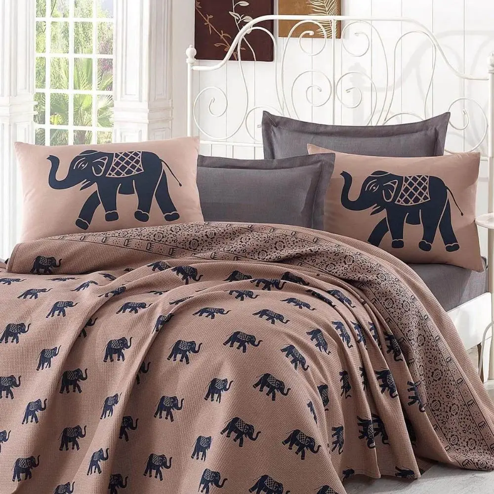 Cotton Linens Set 4 Pcs Pack 200x220 Twin Sheet Duvet Cover Pillowcase Elephent Design Soft Brown Home Textile