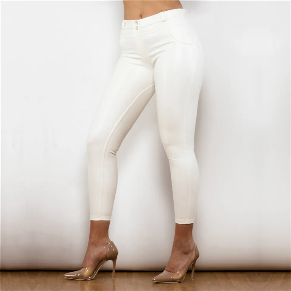 Shascullfites Comfortabele kunstleer jeanslegging Vier manieren rekbare thermische legging Dames kunstleer witte panty