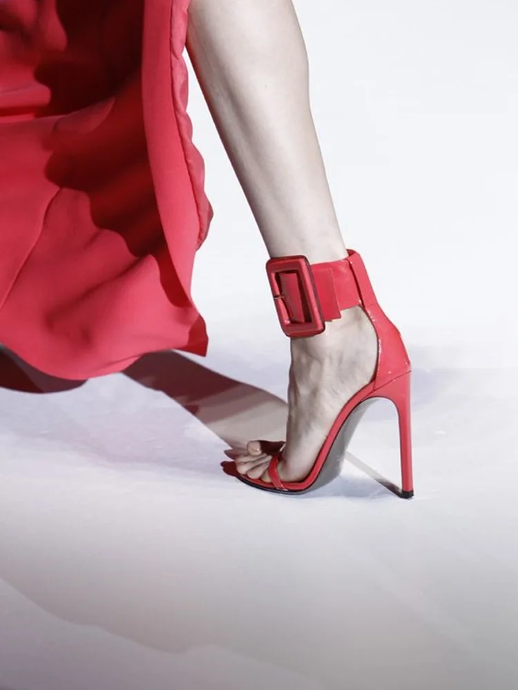 

Ankle Buckle Strap Sandals Open Toe Thin High Heel Red Yellow Black Summer Shoes Cover Heel Runway Stiletto Heels Shoes