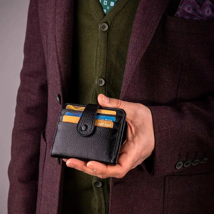 Customizable Personalized Genuine Leather Classic Men's Wallet Black Cosmopolit Gripper Snap Fastener Functional Card Holder