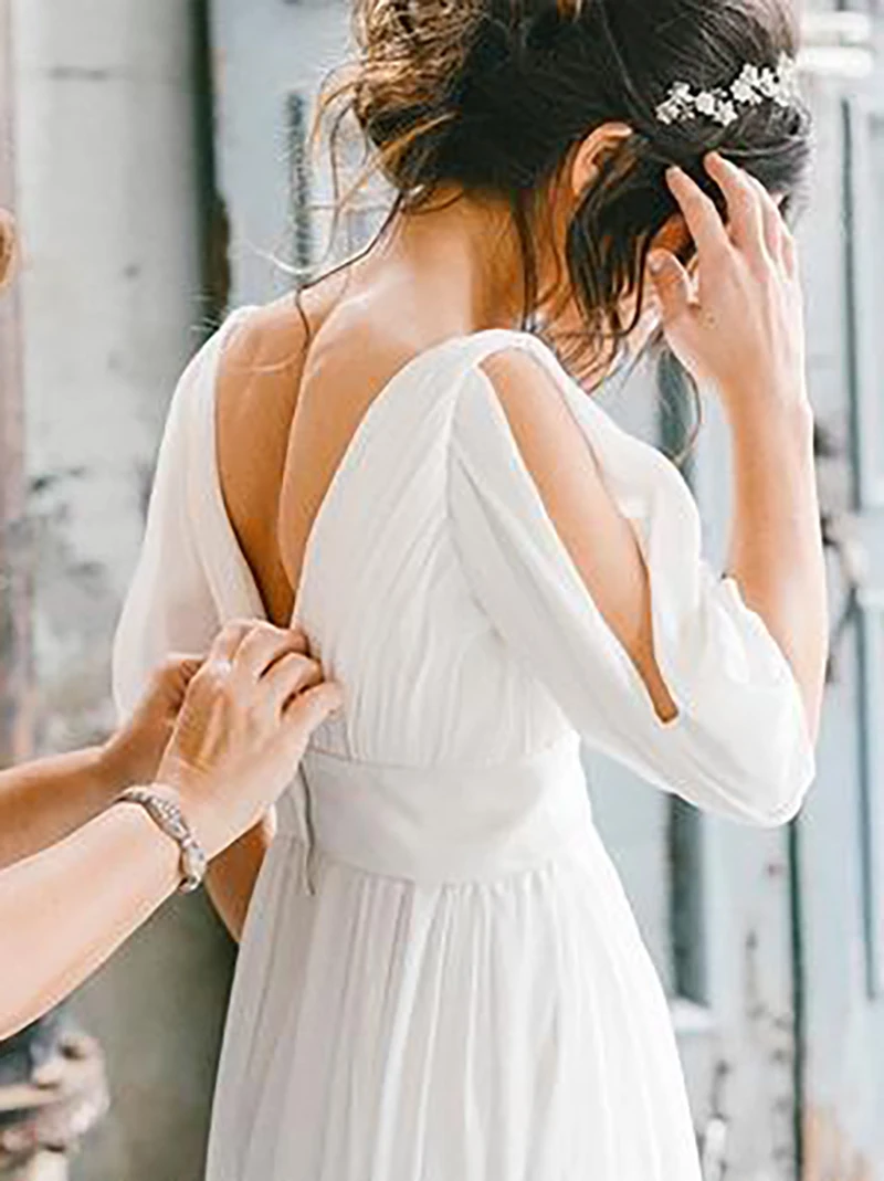 Romantic Ruched Chiffon Simple French Wedding Dress V Neck Beach Vestido De Noiva Backless Cold Shoulder Plus Size Bridal Gown